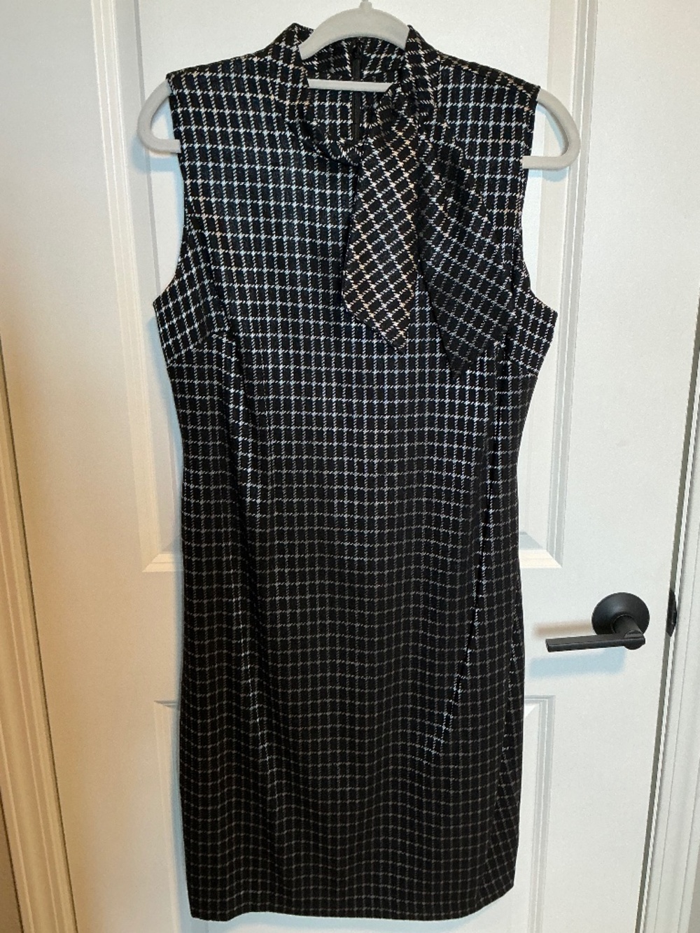 Calvin Klein sheath dress black and silver with tie accent at neckline, Size 14